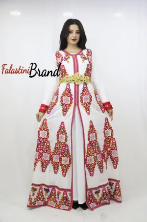 2 Pieces White Kaftan Dress with Red Embroidery