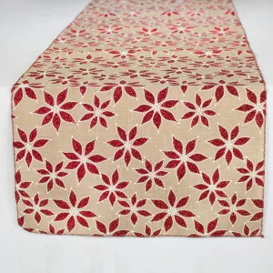 72" Faux Jute Table Runner: Metallic Red Poinsettias