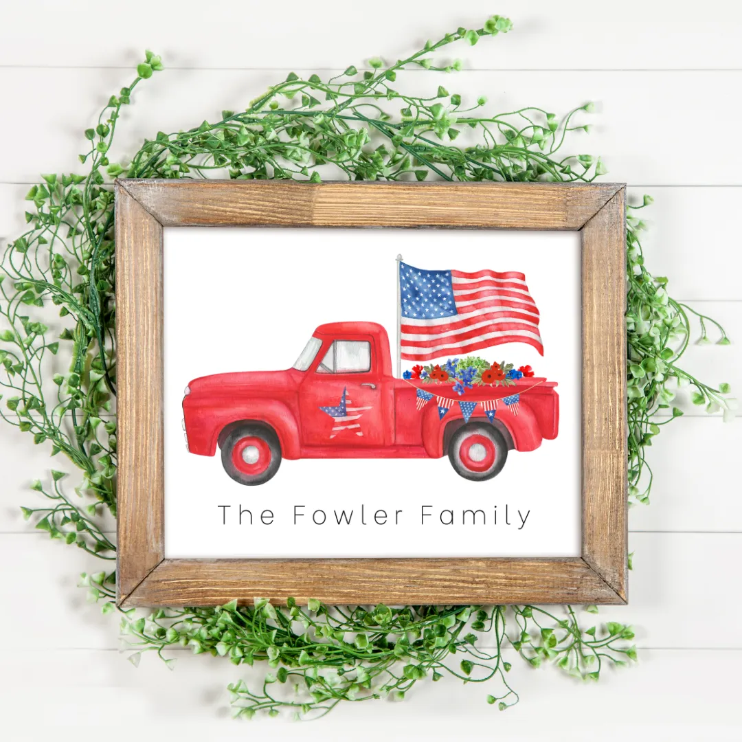 8 1/2 x 11 Personalized Patriotic Red Truck Print