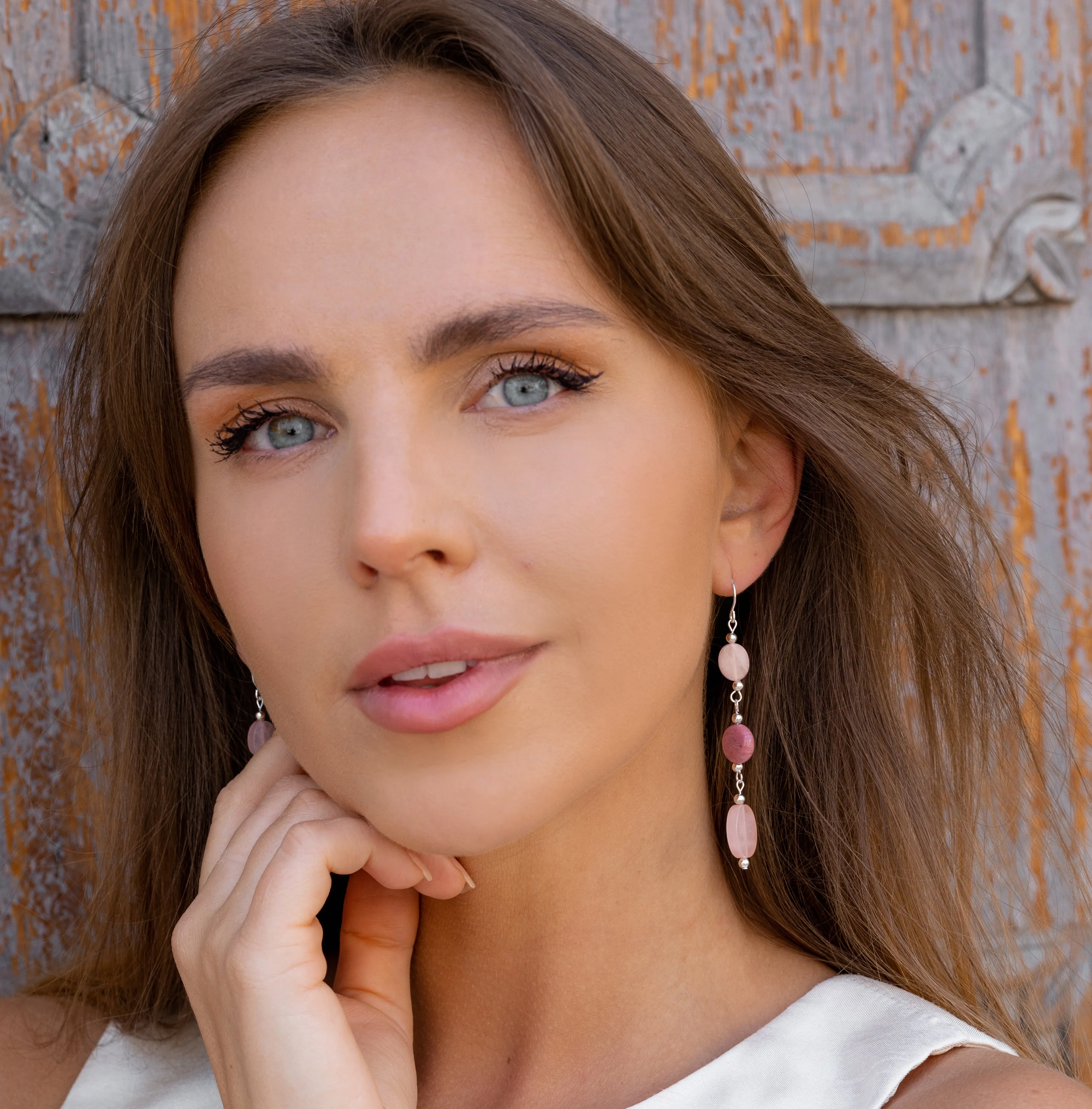 925 Sterling Silver Rose Quartz & Rhodonite Earrings