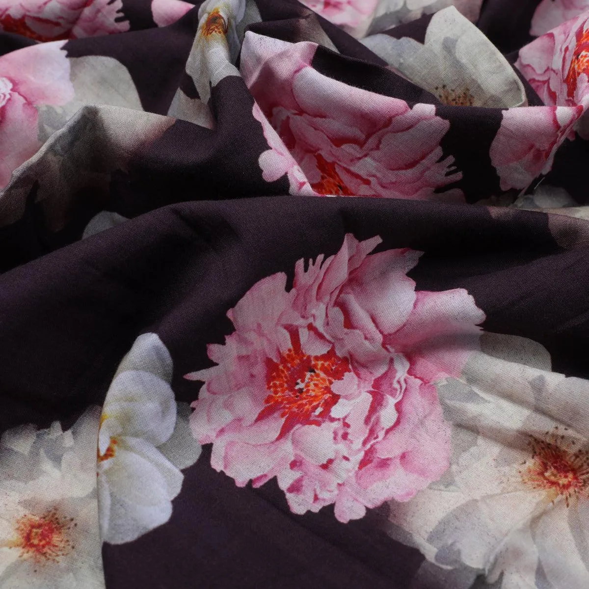 Attractive Pink Roses With Grey Digital Printed Fabric - Cotton