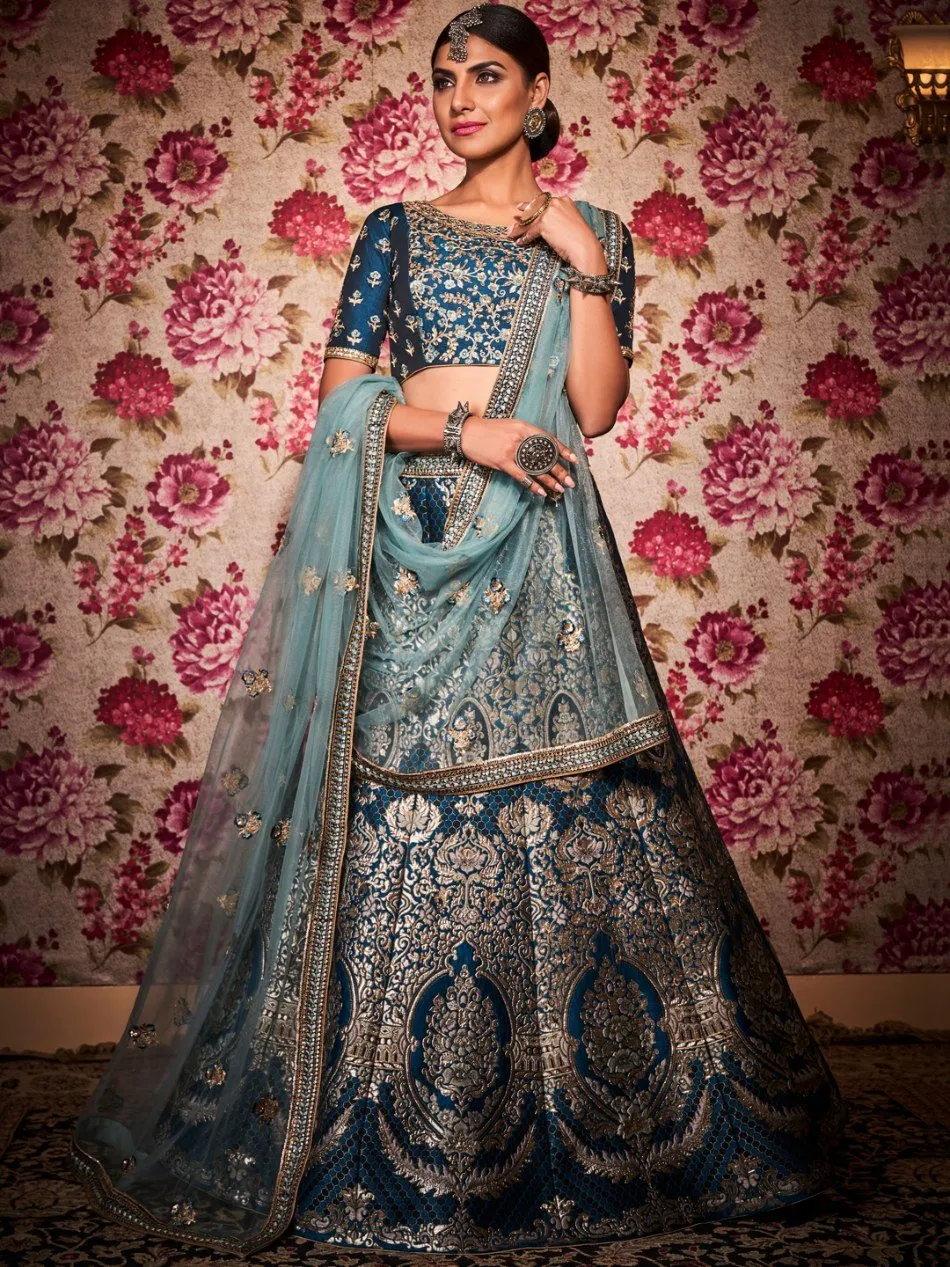 Beauteous Navy Blue Heavy Embroidered Banaras Silk Lehenga