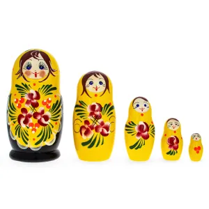 Beautiful Wooden  With Yellow Color Hood And Flowers Nesting Dolls