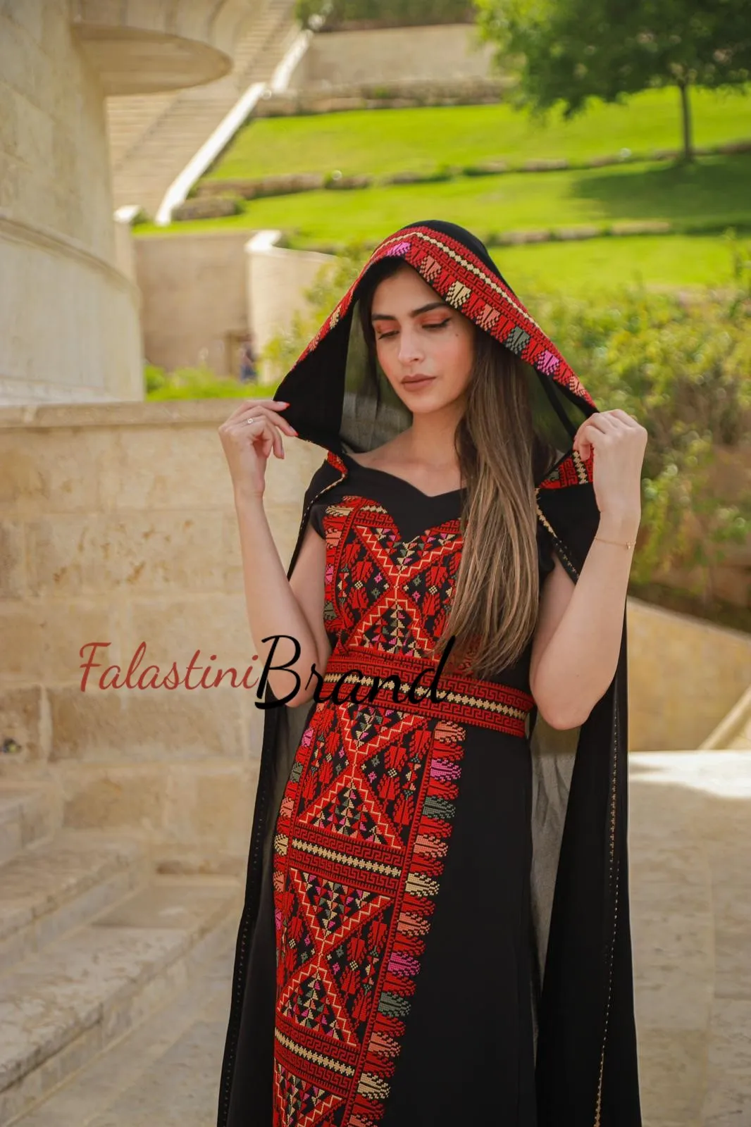 Black Sleeveless Long with Red Embroidery and Head Piece