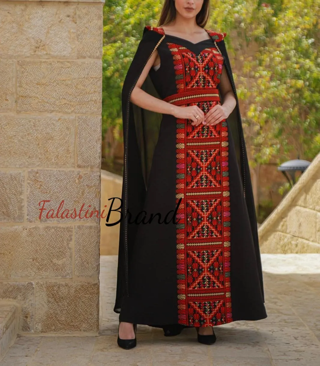 Black Sleeveless Long with Red Embroidery and Head Piece