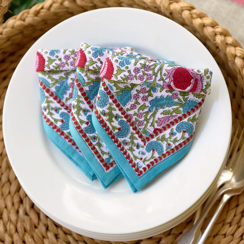 Bohemian Floral Turquoise & Cranberry Napkin | Set of 4