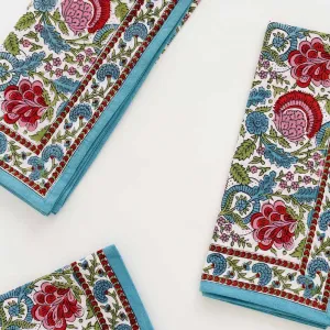 Bohemian Floral Turquoise & Cranberry Napkin | Set of 4