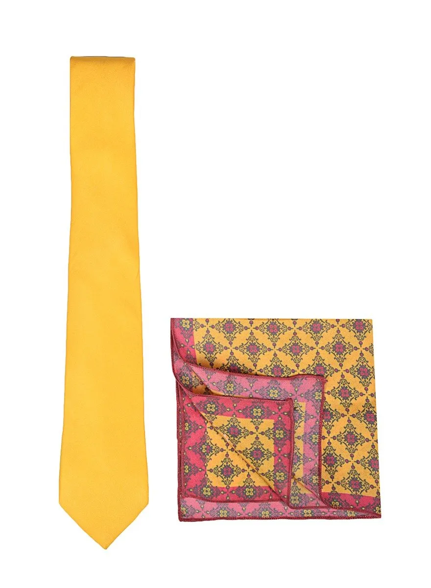 Chokore Yellow color silk tie & Orange & Magenta Silk Pocket Square set