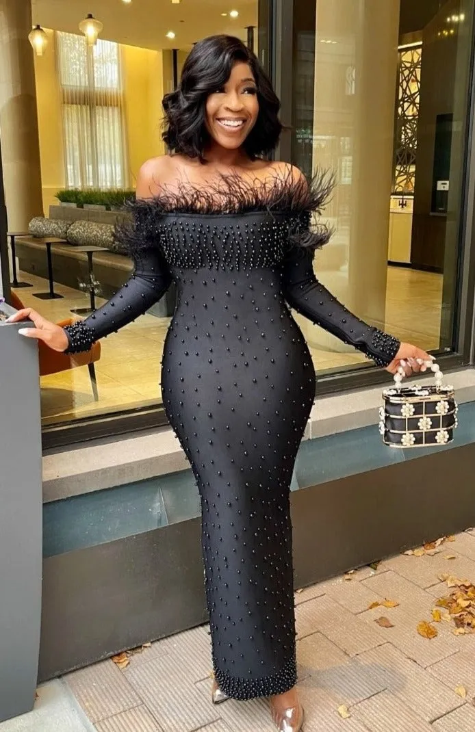 Ebony Glitz and Glam- Beaded Feather Bandage Dress