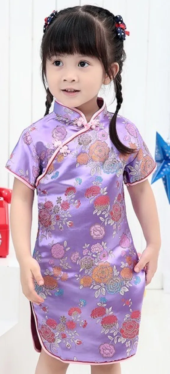 Girls' Beautiful Traditional Qipao Dress (Lilac Brocade)