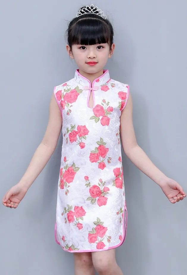 Girls' Gorgeous Light Pink Rose Brocade Qipao Dress