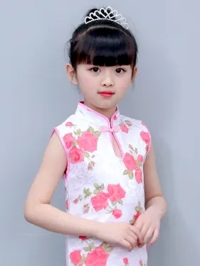 Girls' Gorgeous Light Pink Rose Brocade Qipao Dress