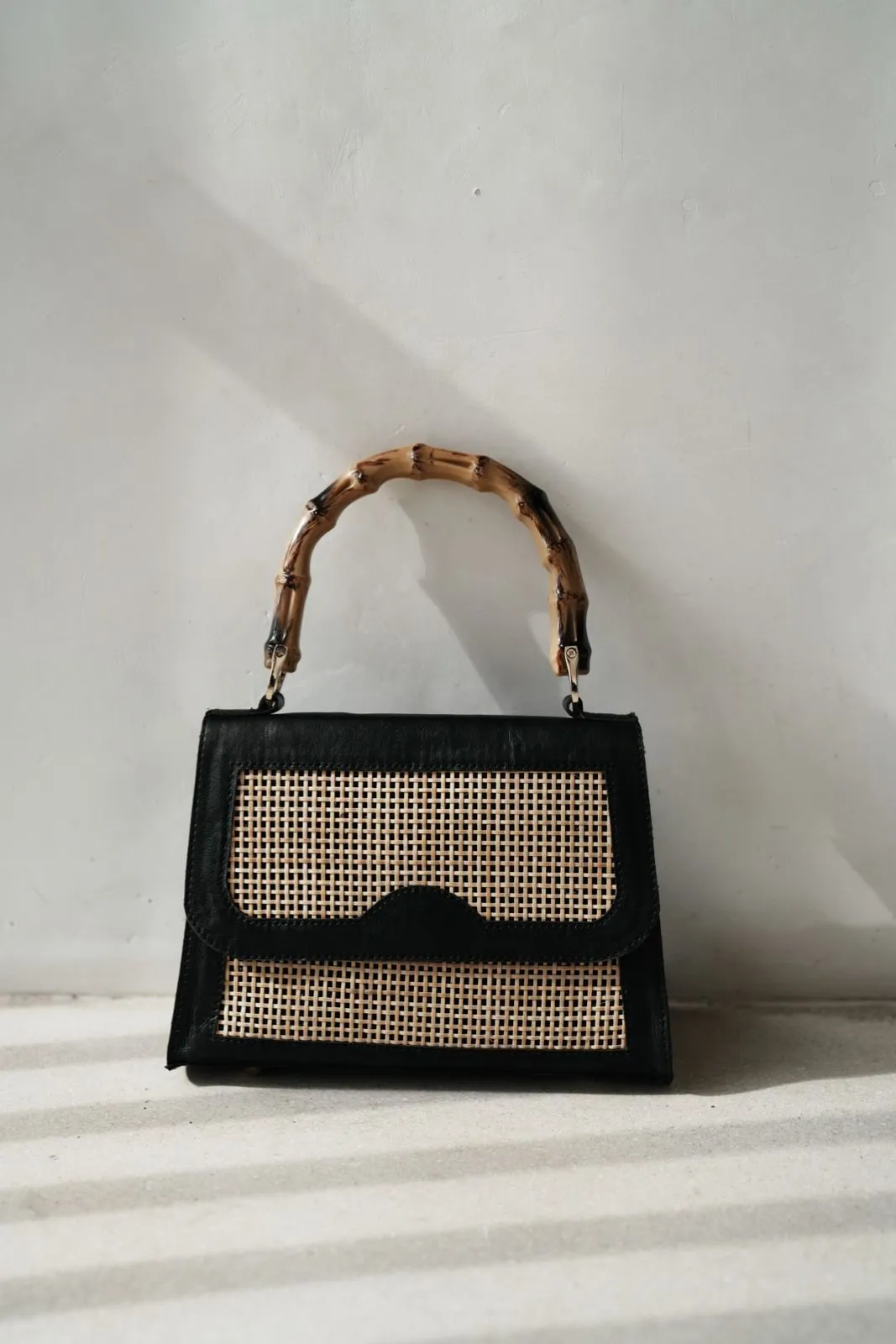 Gracie Leather and Rattan Clutch with Bamboo Handle