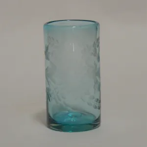 Hand Blown and Etched Turquoise Glass - Highball glass