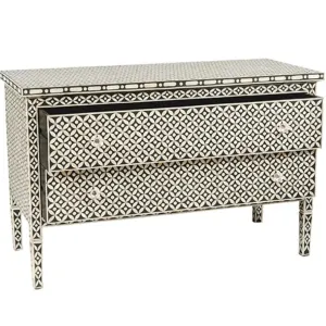 Handmade Bone inlay Geometric Pattern Chest of Two Drawer Dresser Black & White Color