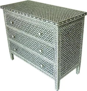 Handmade Inlay Geometric Floral Chest of Drawers | Storage Unit Grey & White Color