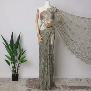 Light Brown, Sage green Two-Tone French Chantilly Lace Fabric, 5.5 Meters X 110 Cms, Premium Lace-D21203