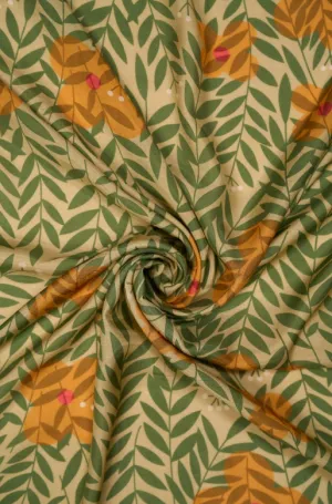 Limeade Green leafy Floral Pattern Printed Natural Muslin Silk Fabric