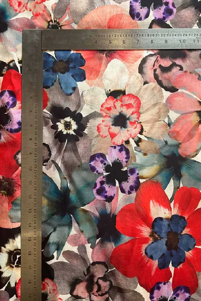 Multicolour Floral Pattern Printed Natural Muslin Silk Fabric