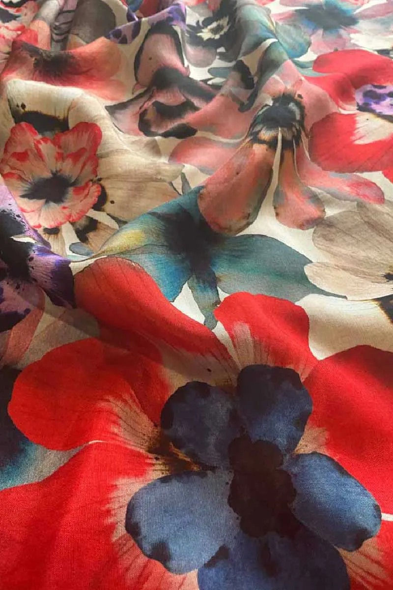 Multicolour Floral Pattern Printed Natural Muslin Silk Fabric