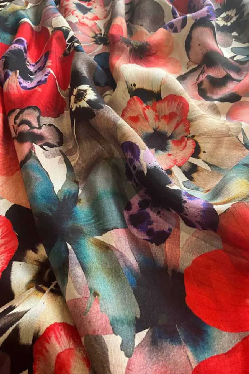 Multicolour Floral Pattern Printed Natural Muslin Silk Fabric