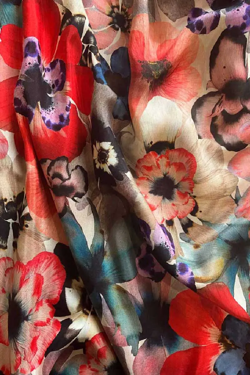 Multicolour Floral Pattern Printed Natural Muslin Silk Fabric