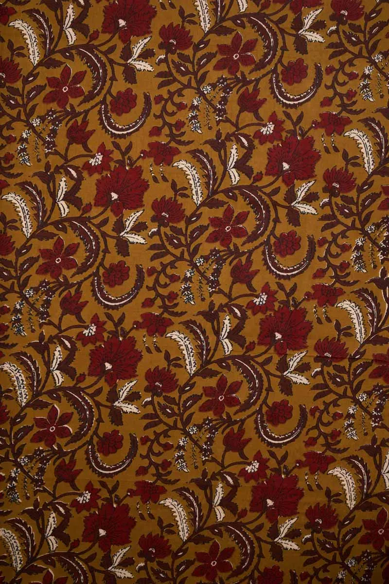 Mustard Pure Cotton With Maroon Floral Printed Fabric