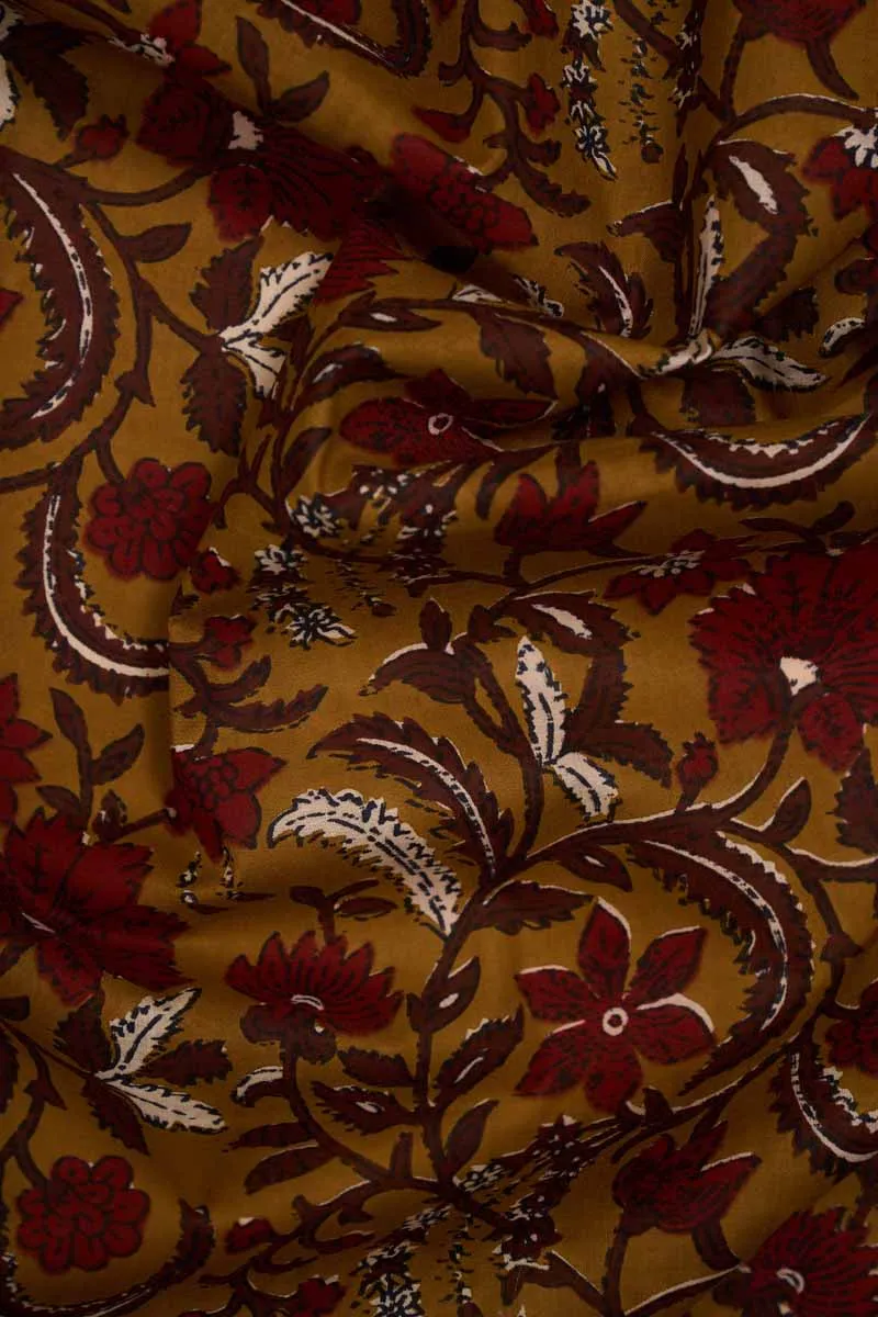 Mustard Pure Cotton With Maroon Floral Printed Fabric