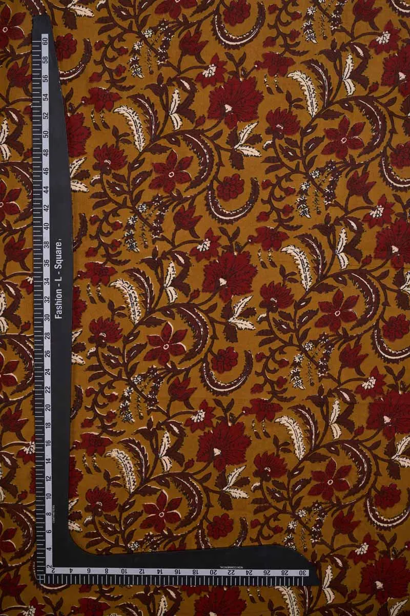 Mustard Pure Cotton With Maroon Floral Printed Fabric