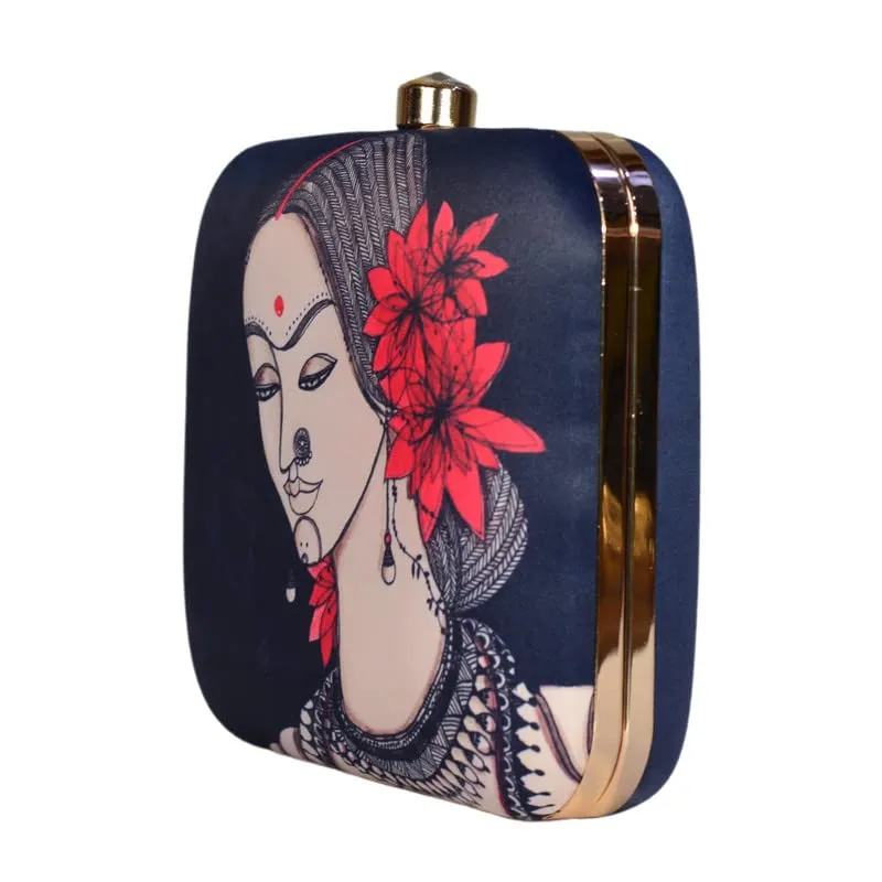 Printed Flower Lady Portrait Clutch