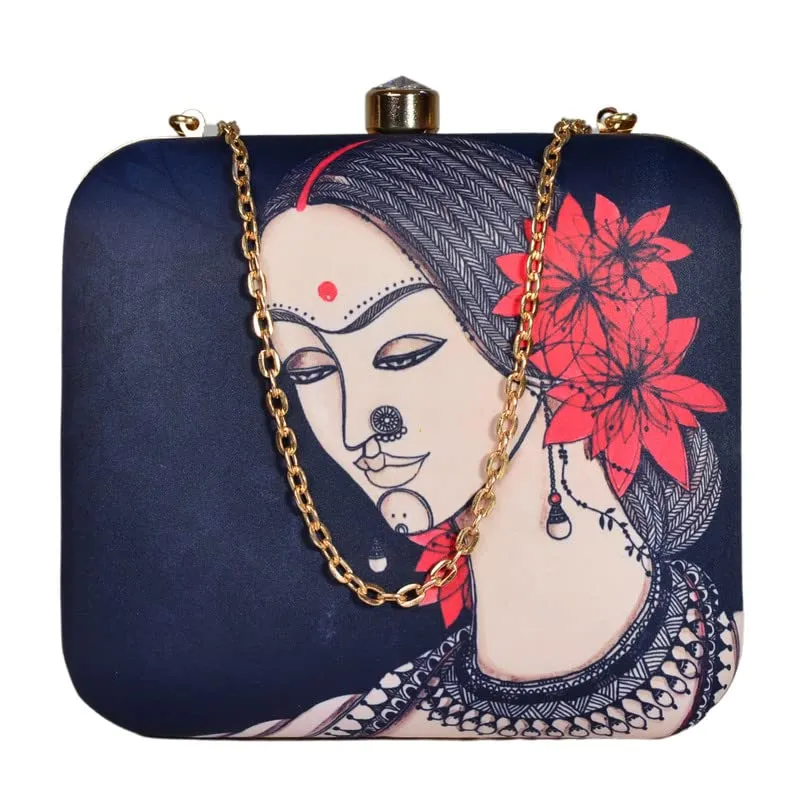 Printed Flower Lady Portrait Clutch