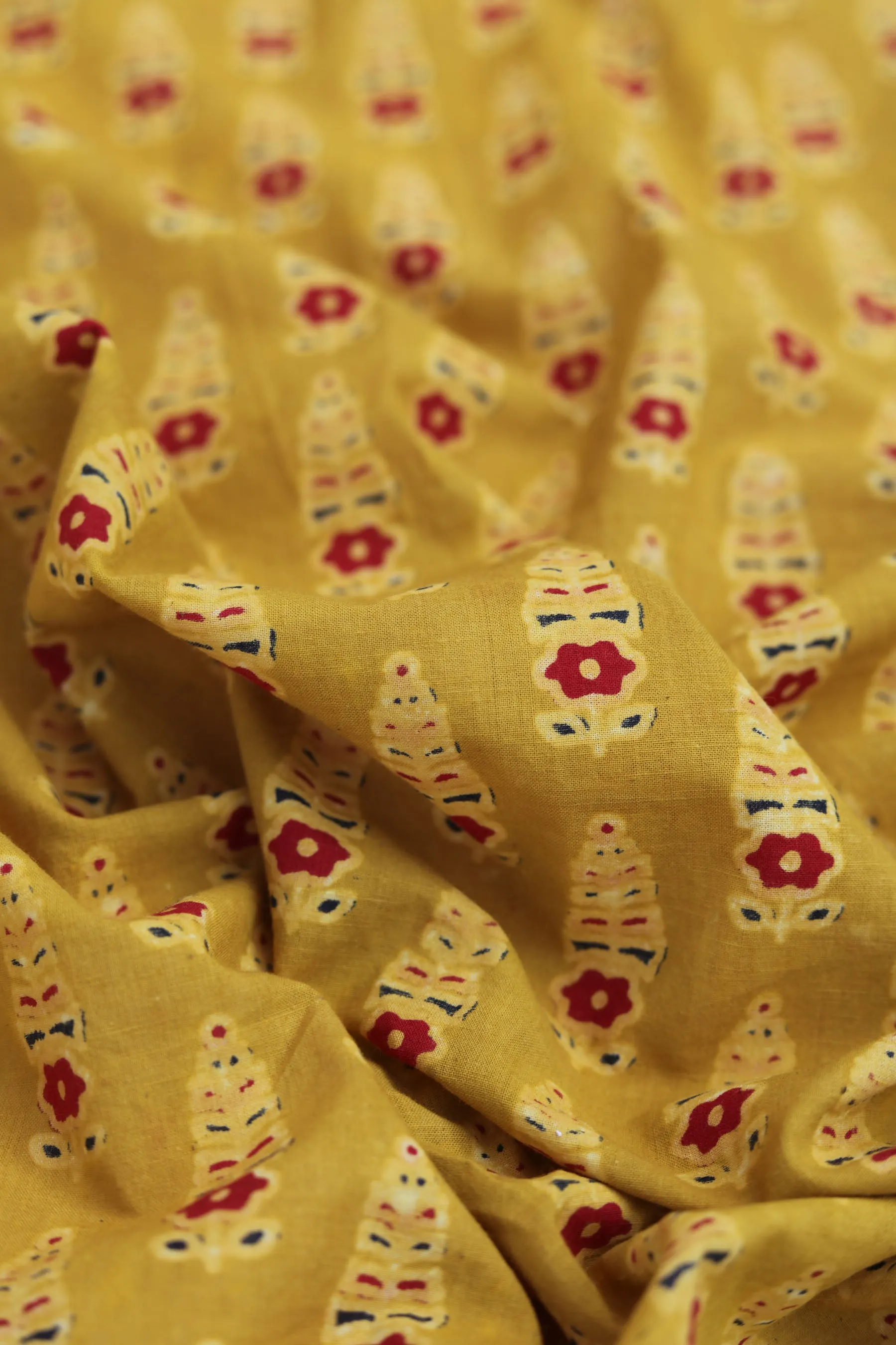 Pure Ajrakh Cotton Mustard Floral Hand Block Printed Fabric