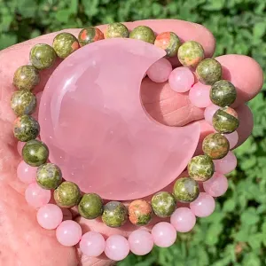 Rose Quartz Crescent Moon Shape   Mala Bracelets Gift Set