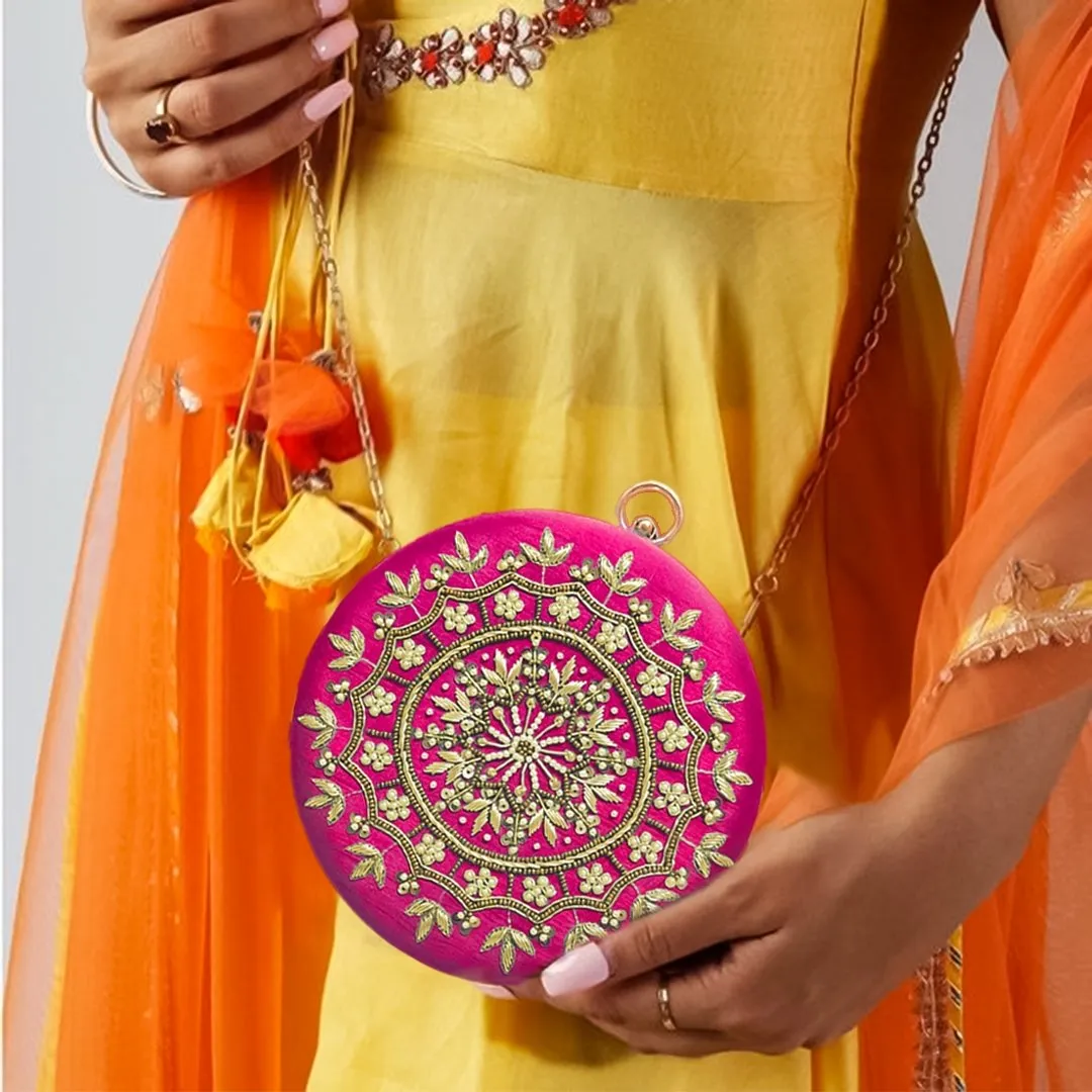 Round Zari Pearl Clutch | Pink