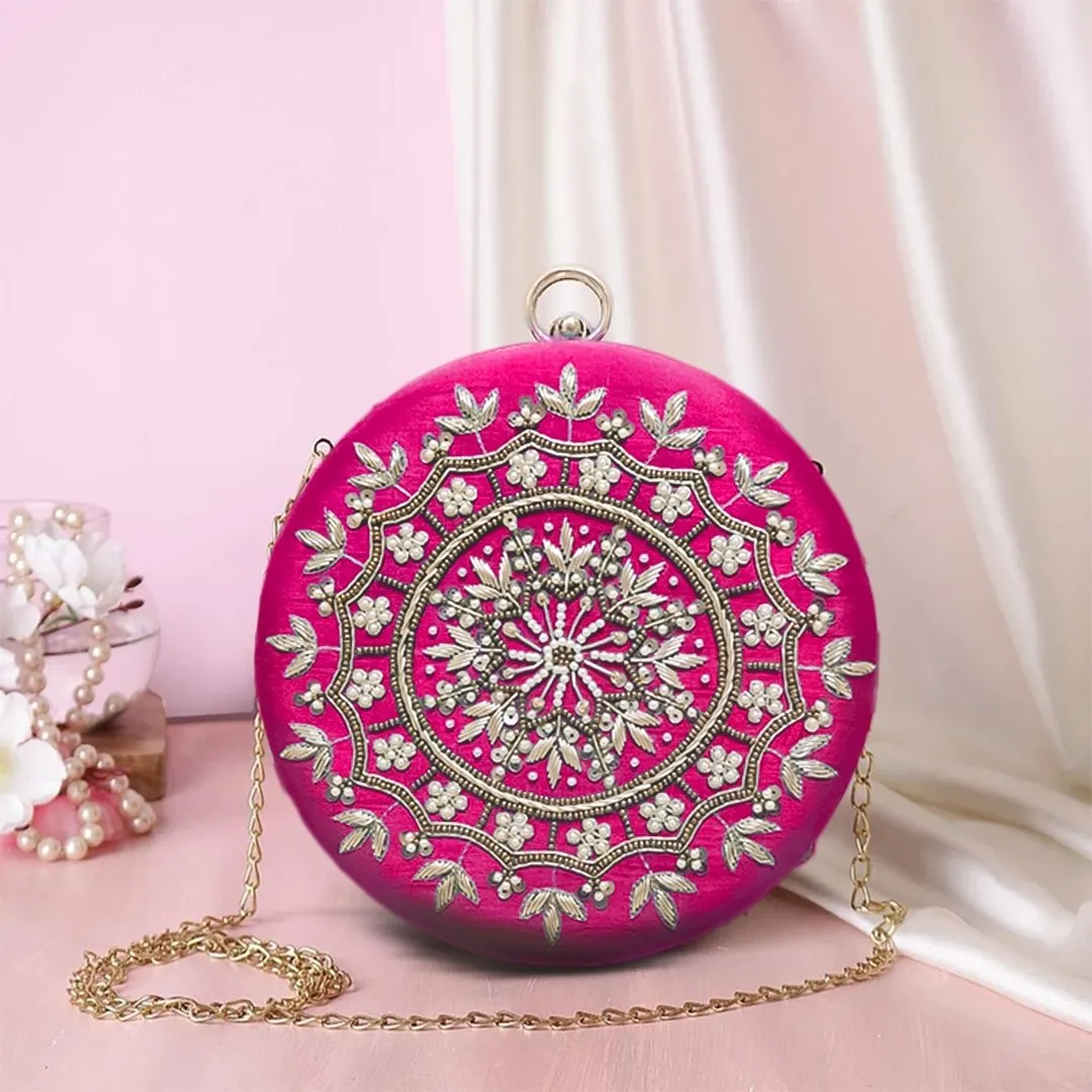 Round Zari Pearl Clutch | Pink