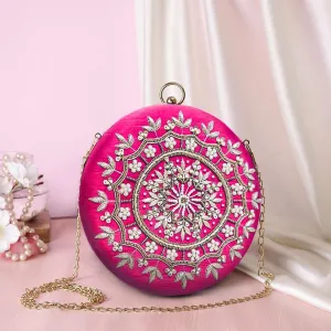 Round Zari Pearl Clutch | Pink