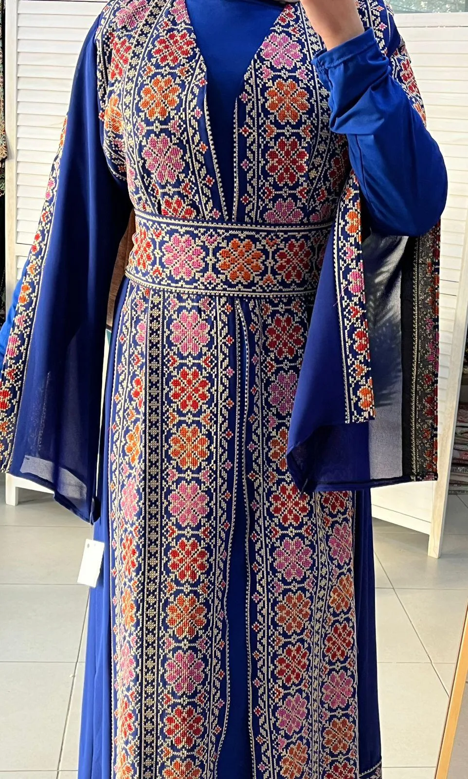 Royal Blue and Beige Chiffon Floral Embroidered Open Abaya Kaftan  Long Split Sleeve