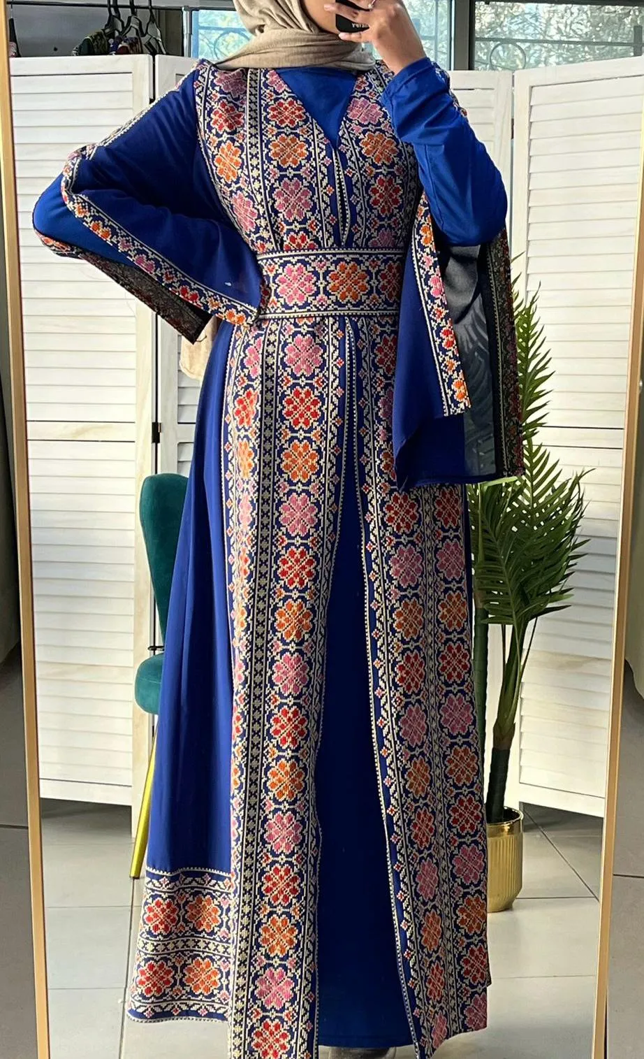 Royal Blue and Beige Chiffon Floral Embroidered Open Abaya Kaftan  Long Split Sleeve