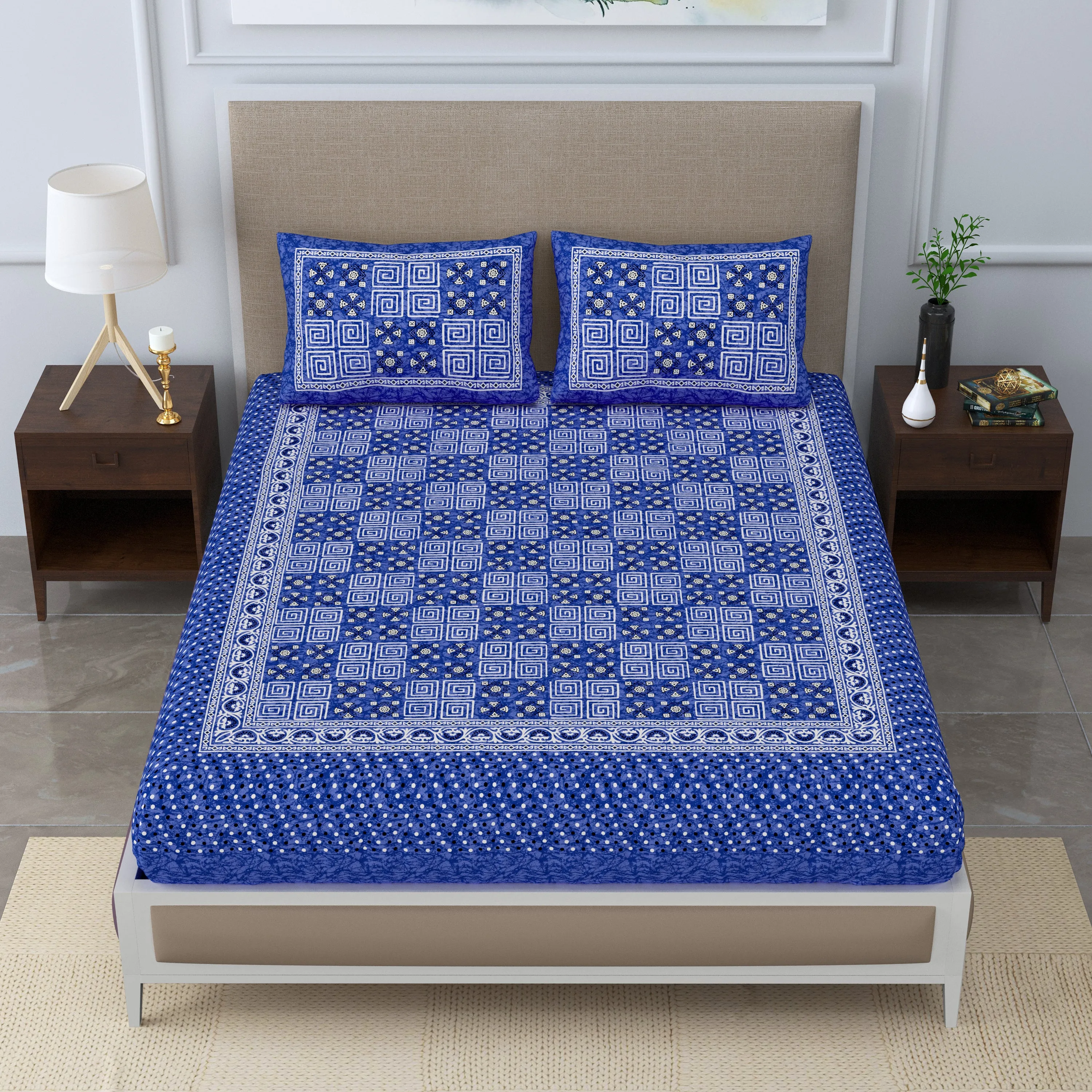 SheetKart 144 TC Cotton Double Bedsheet - Canister Batik King Size Bed Sheet with 2 Pillow Covers, Warm Blue