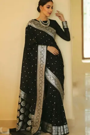 SHOWCASES STUNNING BLACK SAREE SILVER EMBROIDERED