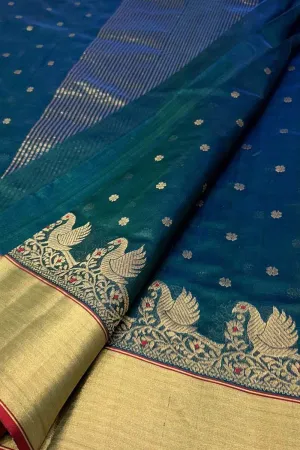 Stunning Green & Blue Chanderi Silk Saree