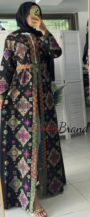 Stylish Black and Colorful Georgette Diamond Embroidered Open Abaya Kaftan