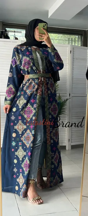 Stylish Navy and Colorful Georgette Diamond Embroidered Open Abaya Kaftan