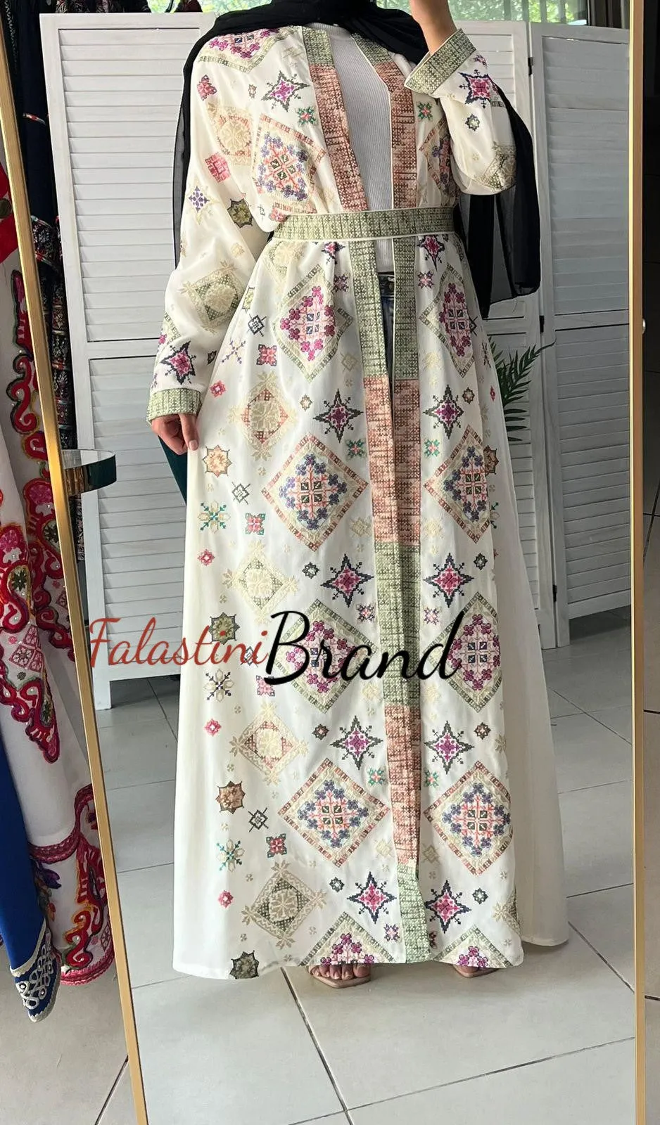 Stylish Off White and Colorful Georgette Diamond Embroidered Open Abaya Kaftan