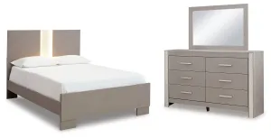 Surancha Full Panel Bed with Mirrored Dresser in Gray