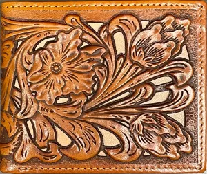 Top Notch Accessories 6013-3L.BR Light Brown Floral Tooled With Tan Inlay Bi-Fold Wallet