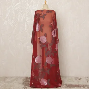 Traditional Somali Dirac Pure Silk (Fransawi) Chiffon Fabric in Deep Red with Pink and Silver Floral Embroidery, 3.5 Meters, 140 cm Width-D20587