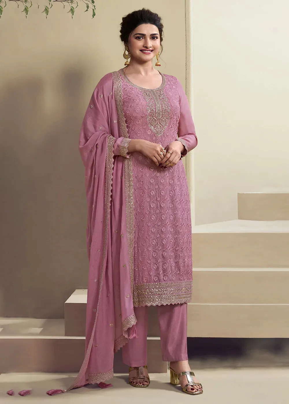 Turkish Rose Organza Schiffli Embroidered Organza Suit