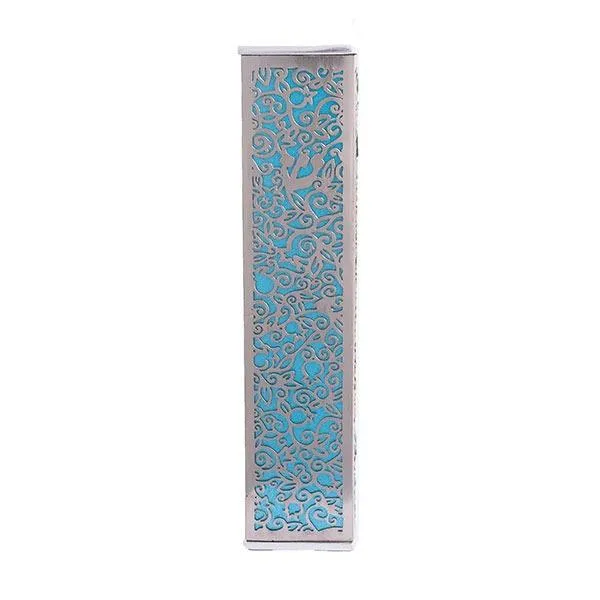 Wide Mezuzah   Metal Cutout - Pomegranates - Turquoise